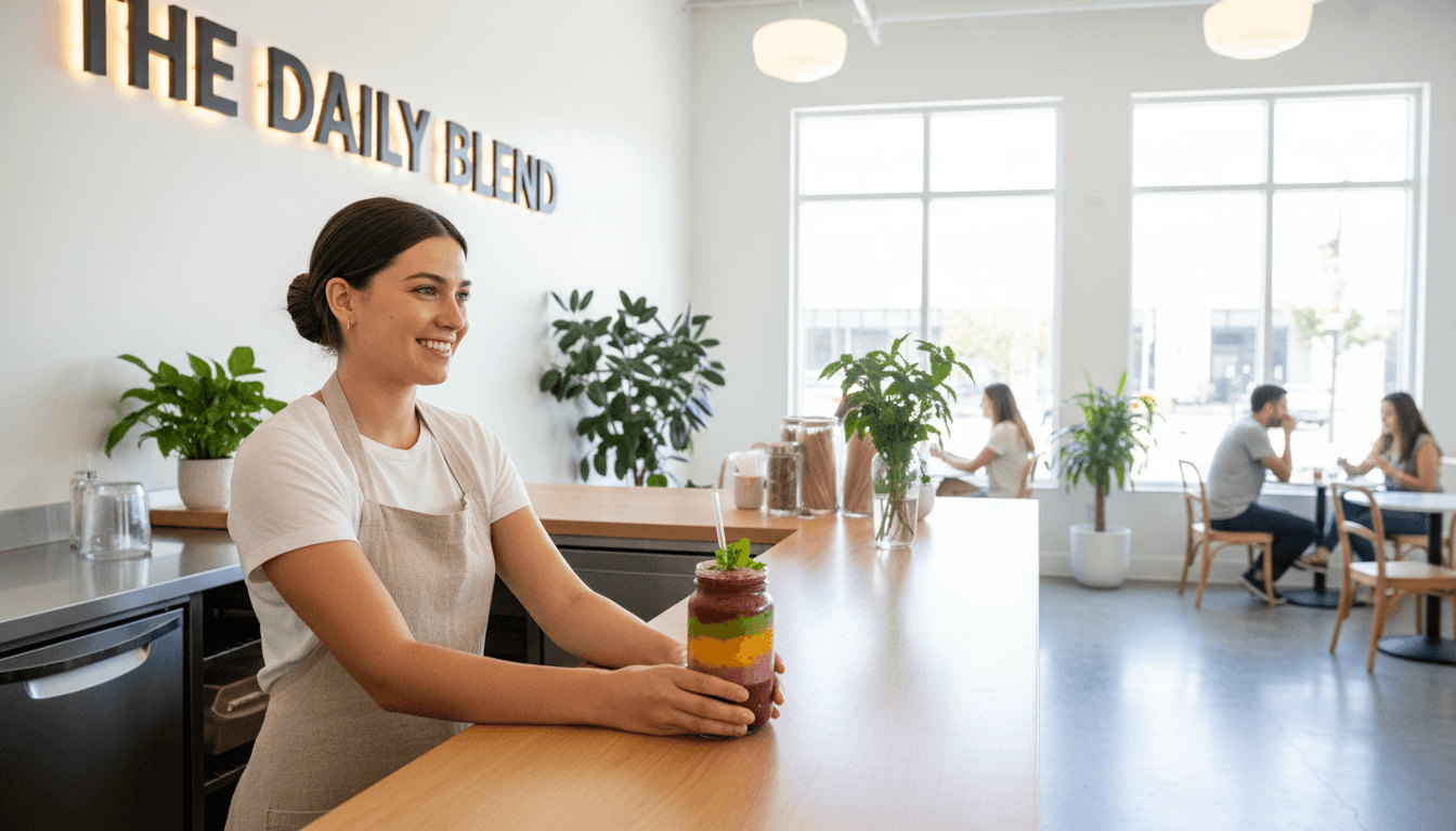 Woman serving a freshly made shake at the counter in a bright, modern nutrition club