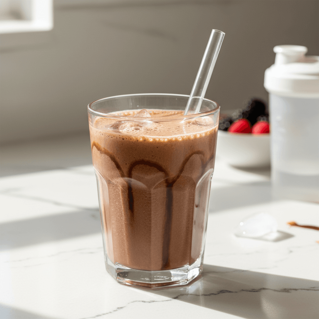 A creamy chocolate protein shake in a clear cup on a bright counter