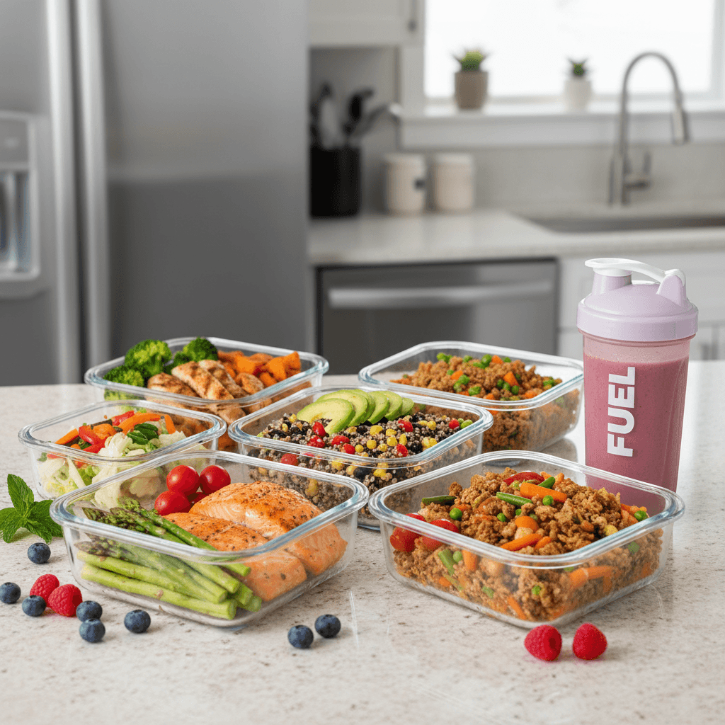 Healthy food containers and a protein shake on a kitchen counter