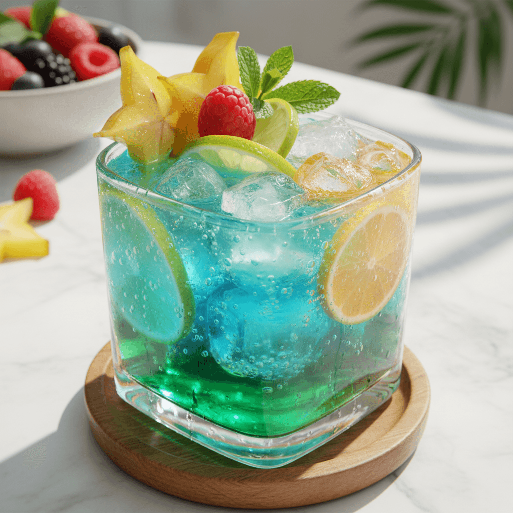 A refreshing, brightly colored energy drink in a glass with ice and a fruit garnish
